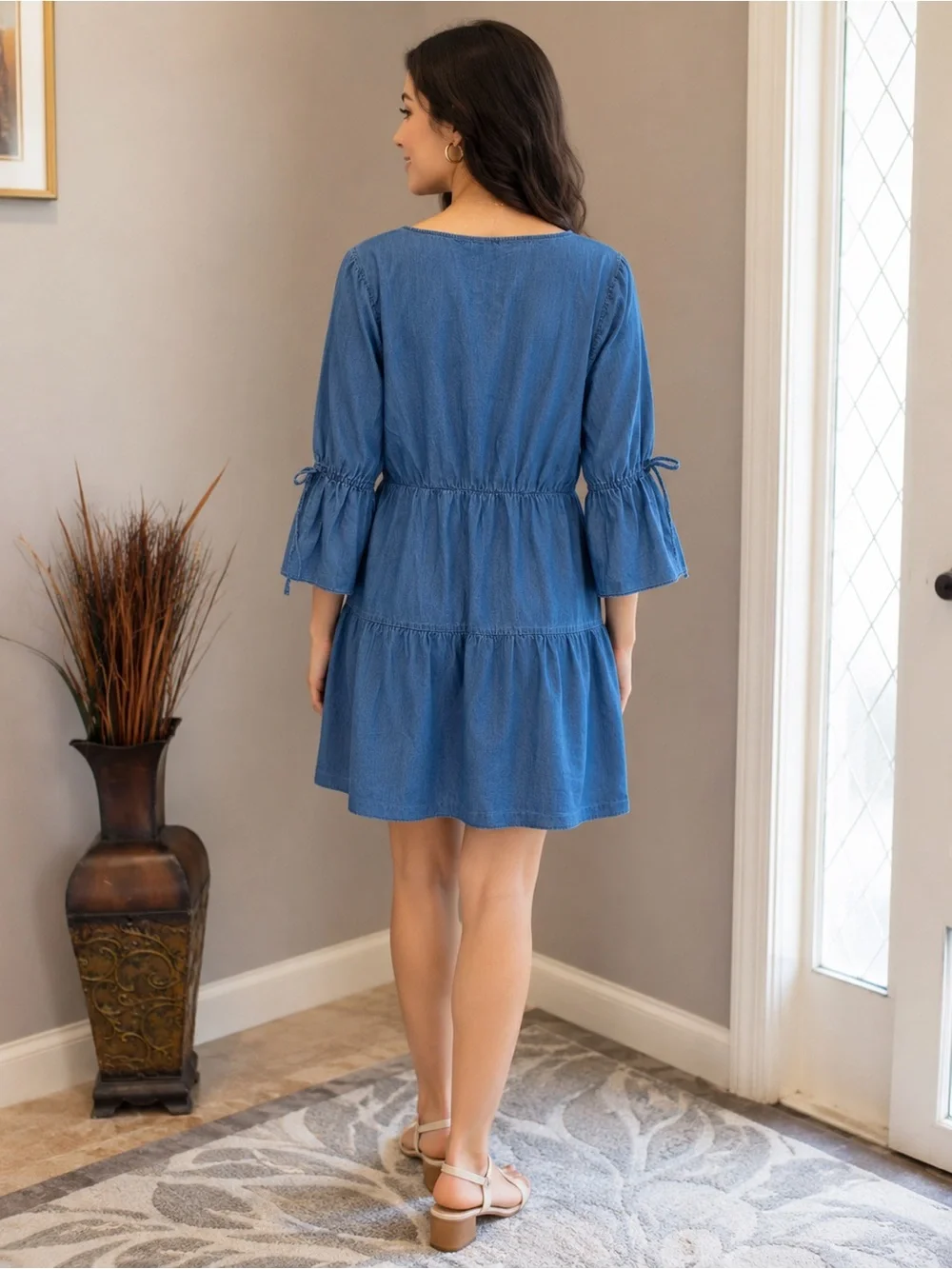 J Crew Blue Tiered Casual Dress with Tie-Sleeves